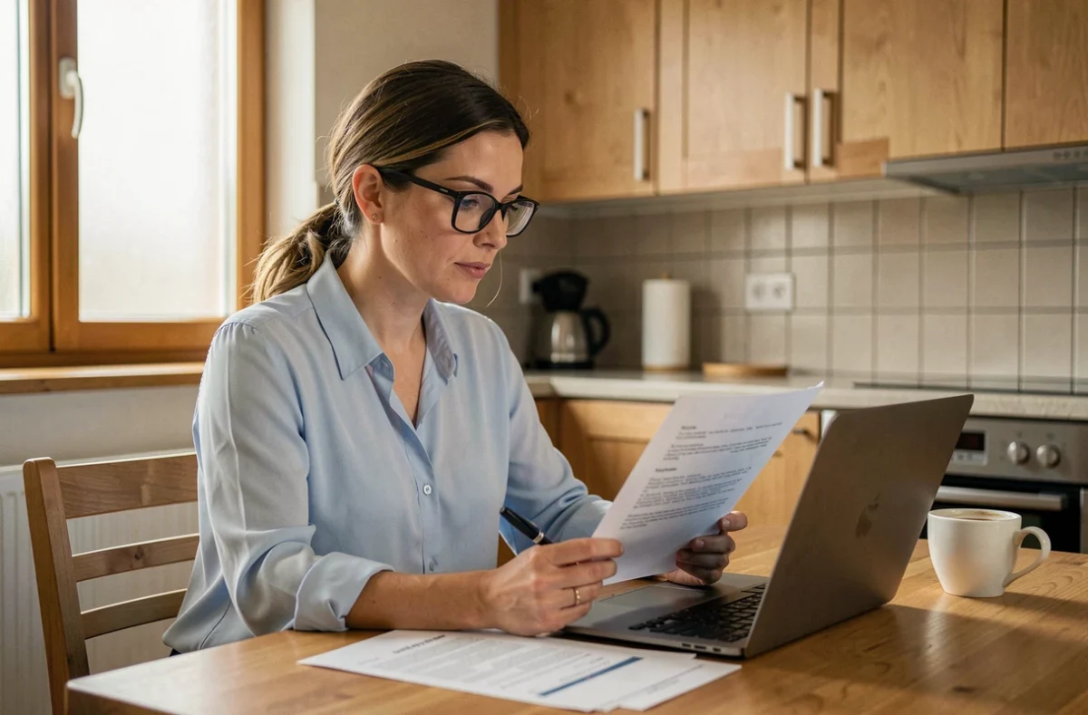 Femme comparant des offres d'assurance auto sur un ordinateur portable à une table de cuisine, documents imprimés et stylo en main