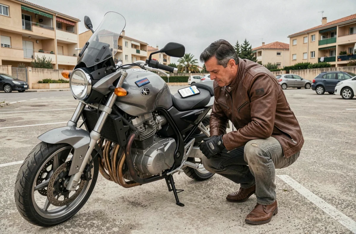 Motard comparant des offres d'assurance moto sur smartphone dans un parking résidentiel de Montpellier