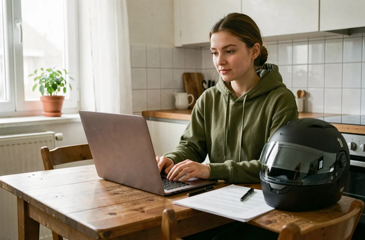 Jeune femme comparant des offres d'assurance pour scooter 50cc sur un ordinateur portable