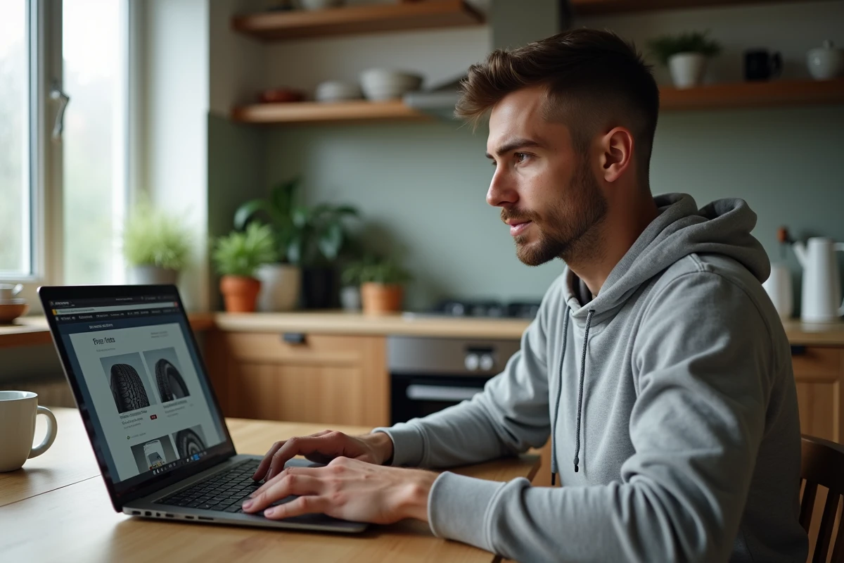 Homme comparant les avis clients de Centrale Pneus, Norauto et Allopneus sur son ordinateur portable à la maison
