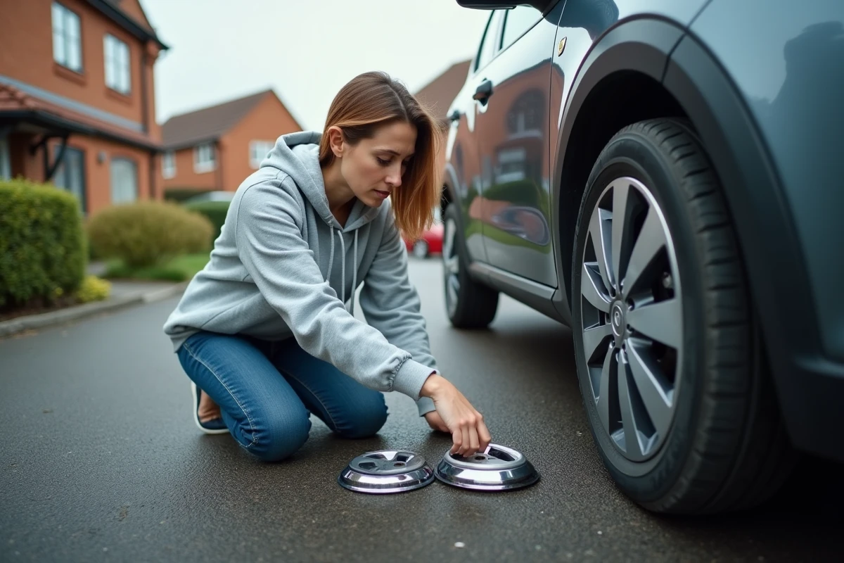 Femme comparant une covering jante usagée et une neuve sur une allée résidentielle devant une voiture compacte