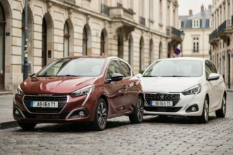 Comparaison de dimensions entre l'ancienne et la nouvelle génération de Peugeot 208 garées côte à côte dans une rue urbaine européenne