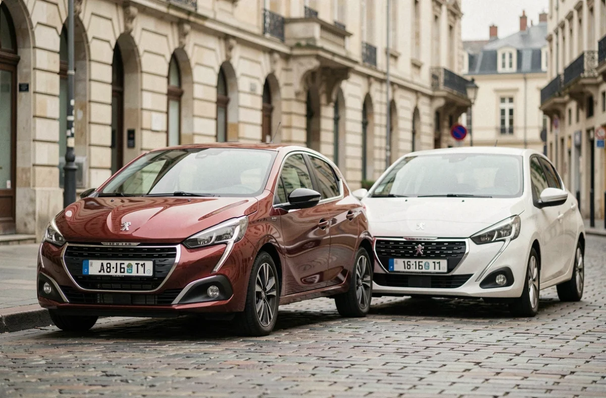 Comparaison de dimensions entre l'ancienne et la nouvelle génération de Peugeot 208 garées côte à côte dans une rue urbaine européenne