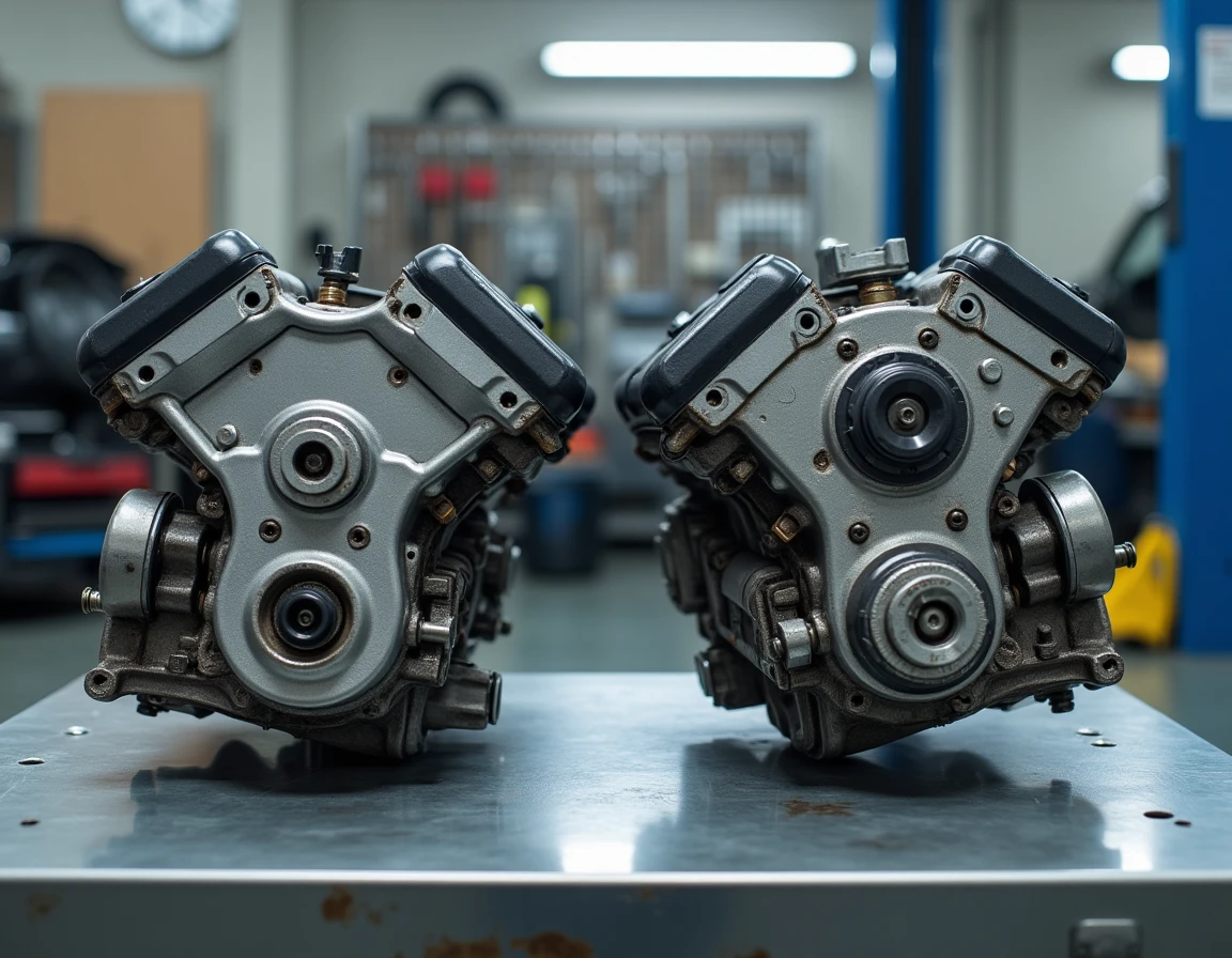 Comparaison côte à côte d'un moteur 1.6 TDI et d'un moteur 2.0 TDI sur un établi d'atelier