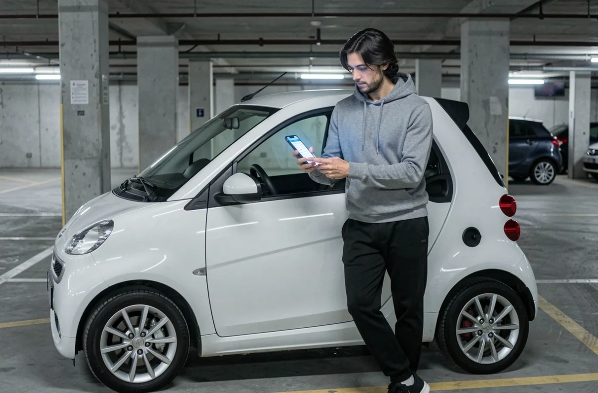 Jeune homme comparant les offres de location longue durée de voiture sans permis sur smartphone dans un parking
