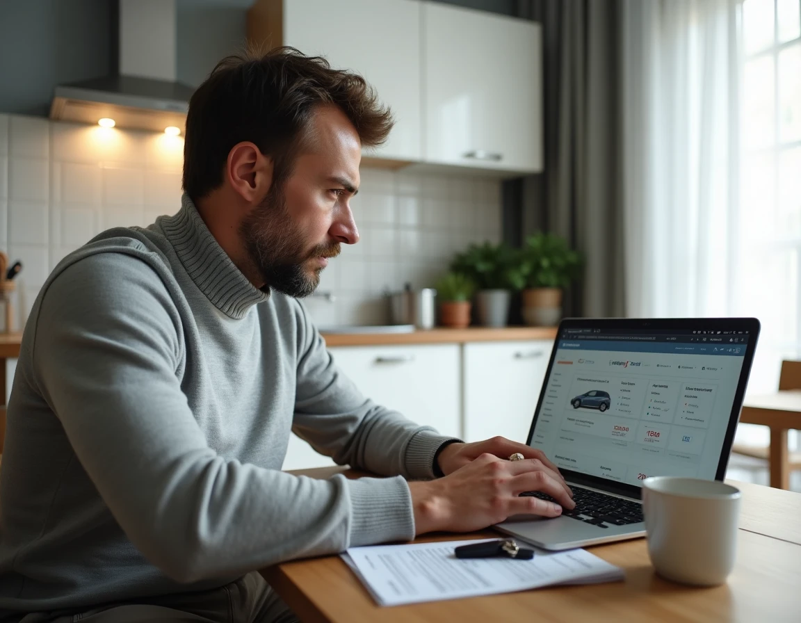 Homme comparant les tarifs de location de voiture Leclerc sur son ordinateur portable à domicile