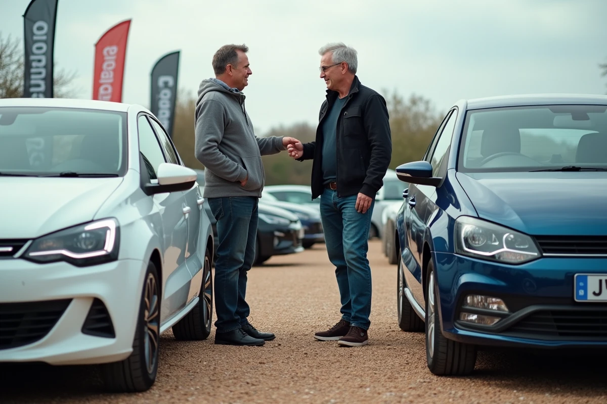 Deux hommes comparant une Vauxhall Astra et une Volkswagen Polo lors d'un événement automobile, guide des meilleures marques en V rapport qualité-prix