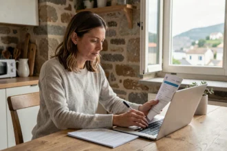Femme comparant des devis d'assurance auto à Lannion sur un ordinateur portable à la maison