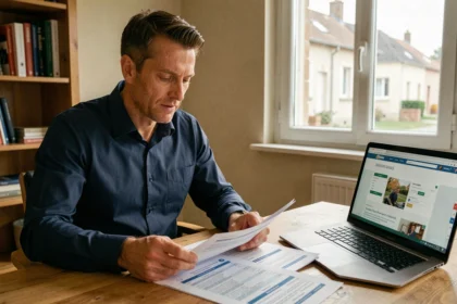 Homme comparant des devis d'assurance auto à Meaux sur son bureau à domicile