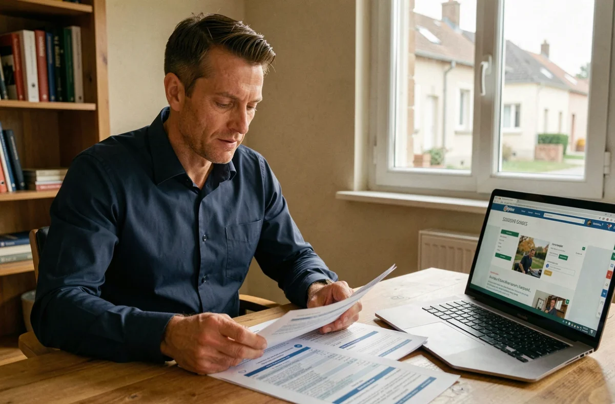 Homme comparant des devis d'assurance auto à Meaux sur son bureau à domicile