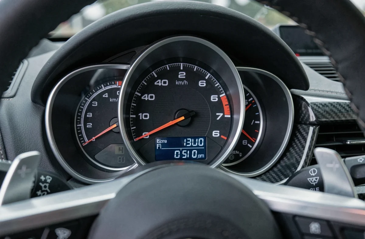 Compteur de vitesse d'une voiture de sport affichant 290 km/h, tableau de bord en fibre de carbone, photo réaliste illustrant la vitesse excessive et le danger sur route