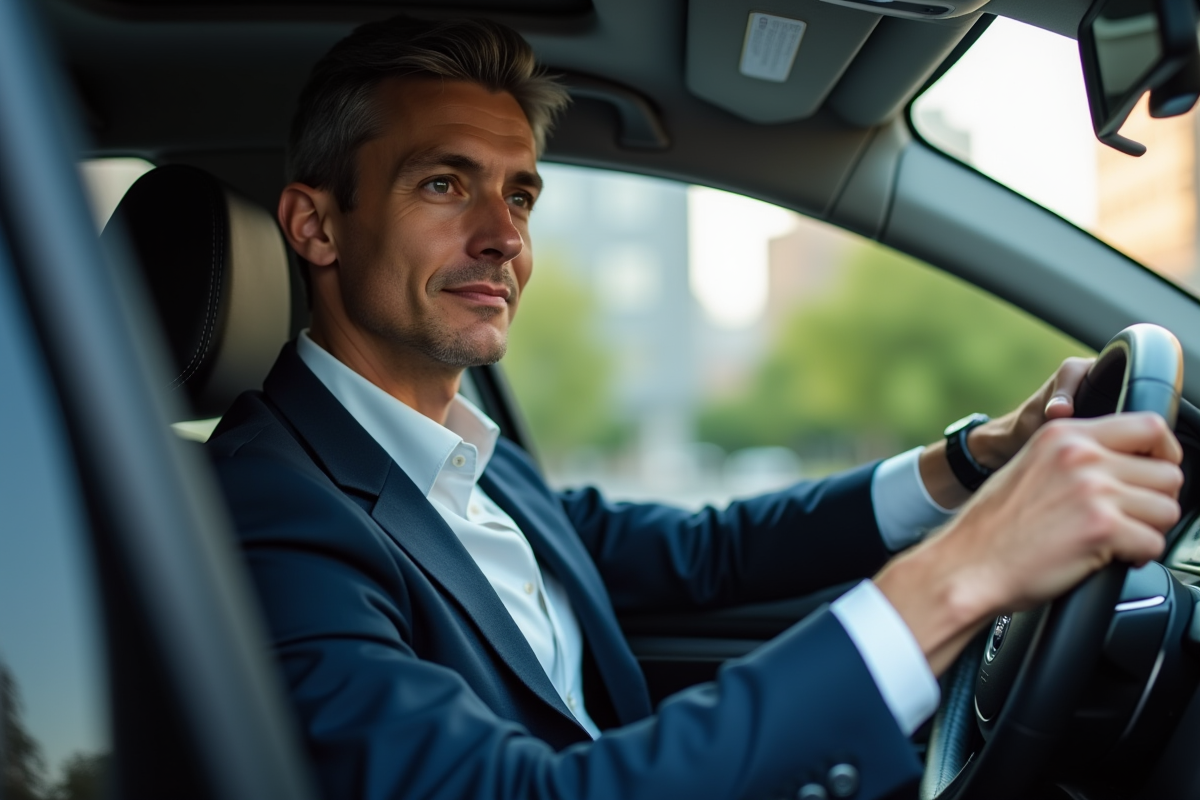 Homme d'affaires en costume dans une voiture moderne