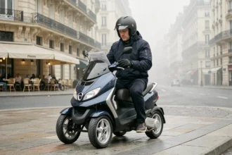 Conducteur de scooter MP3 350 consultant son contrat d'assurance moto sur une avenue parisienne