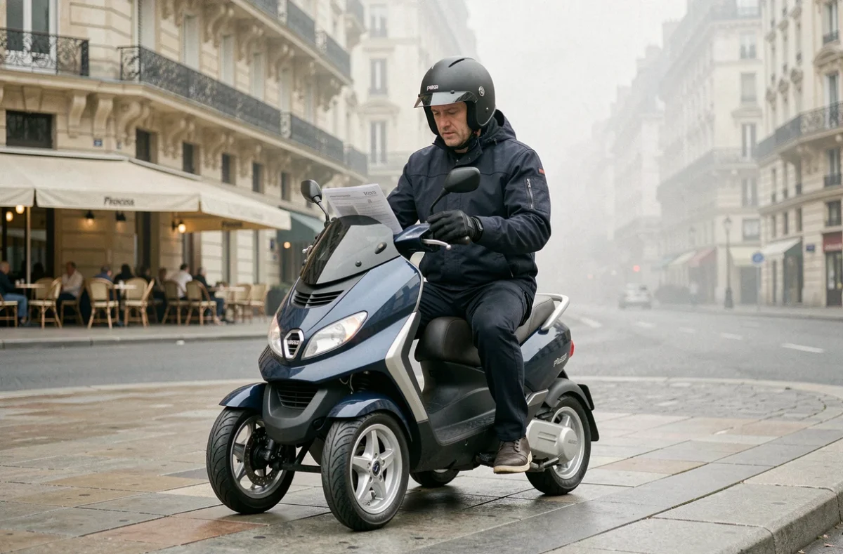 Conducteur de scooter MP3 350 consultant son contrat d'assurance moto sur une avenue parisienne