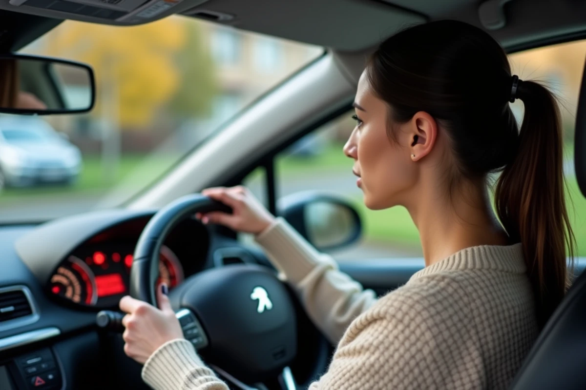 Conductrice inquiète face aux voyants allumés sur le tableau de bord de sa Peugeot 208 après un entretien
