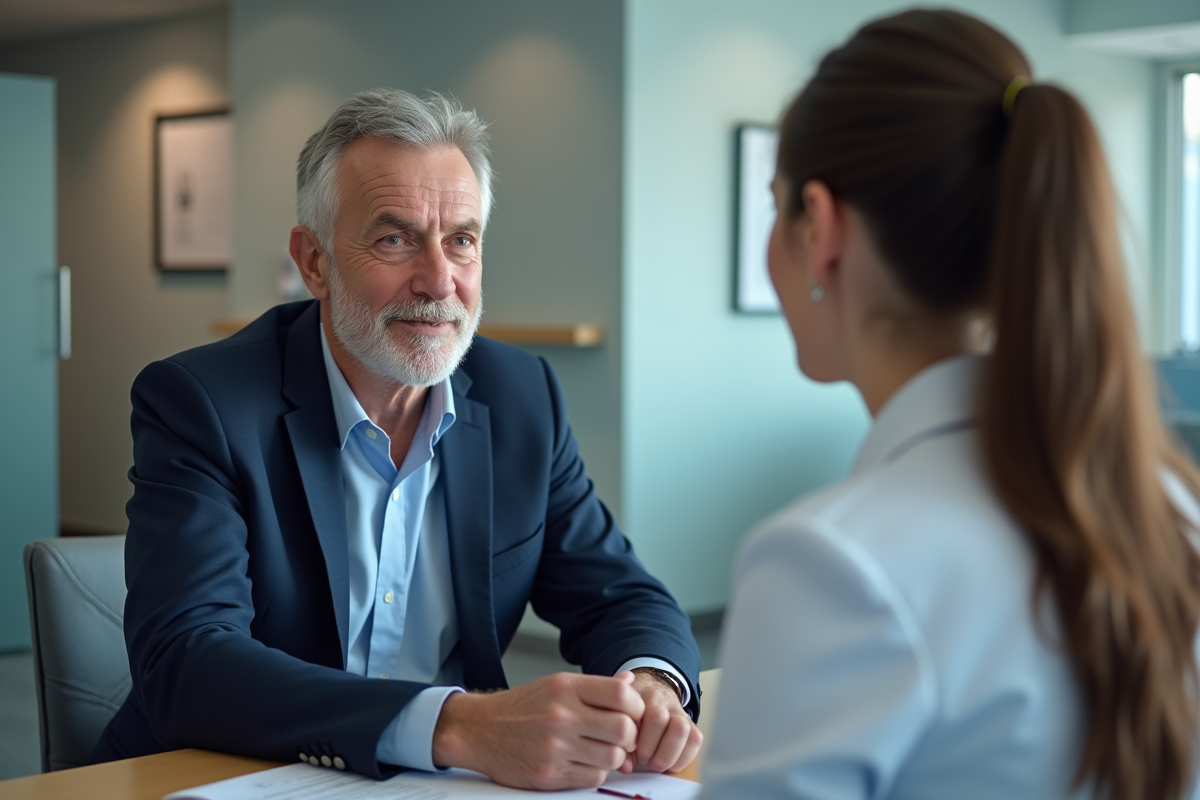 Homme d'âge moyen en consultation avec une médecin dans un cabinet moderne