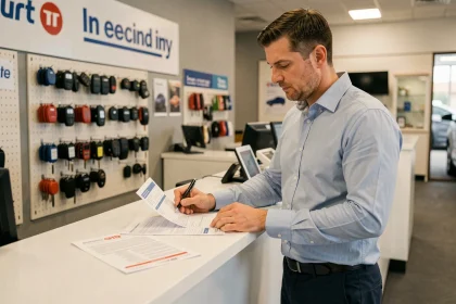 Homme signant un contrat de location de voiture longue durée au comptoir d'une agence Leclerc, avec documents et conditions de garantie