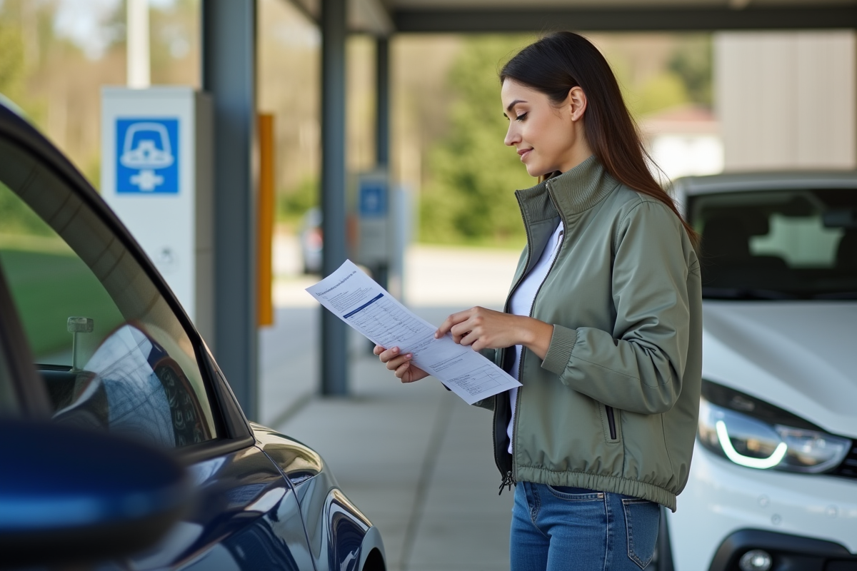 Jeune femme contrôlant son véhicule en extérieur