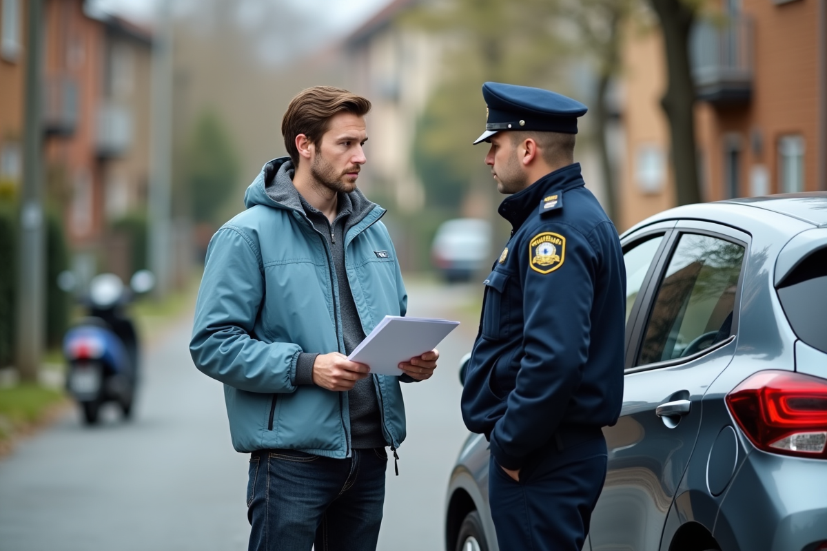 Jeune homme avec documents et policier sur rue
