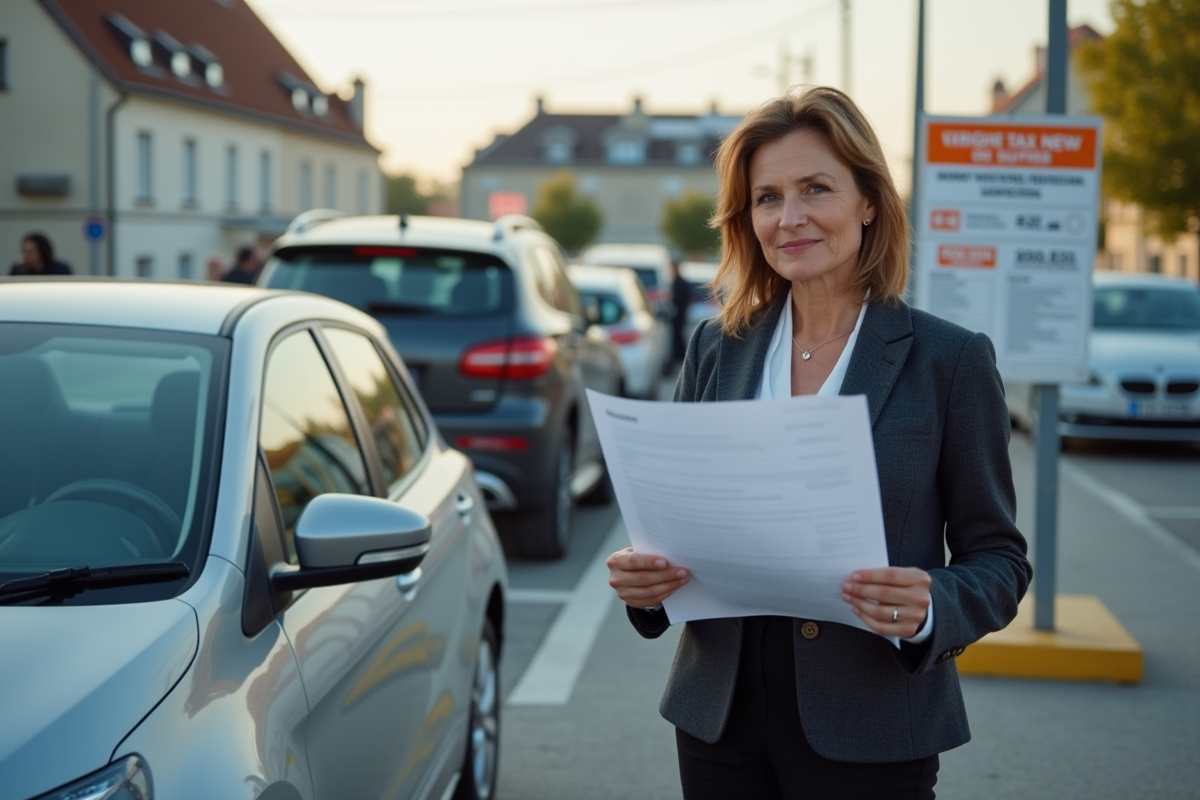 Femme française en affaires près d'une voiture lors d'un contrôle