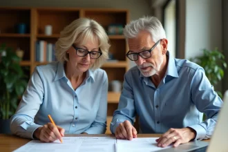 Deux copropriétaires d'un véhicule examinant ensemble les documents d'une carte grise sur un bureau à domicile