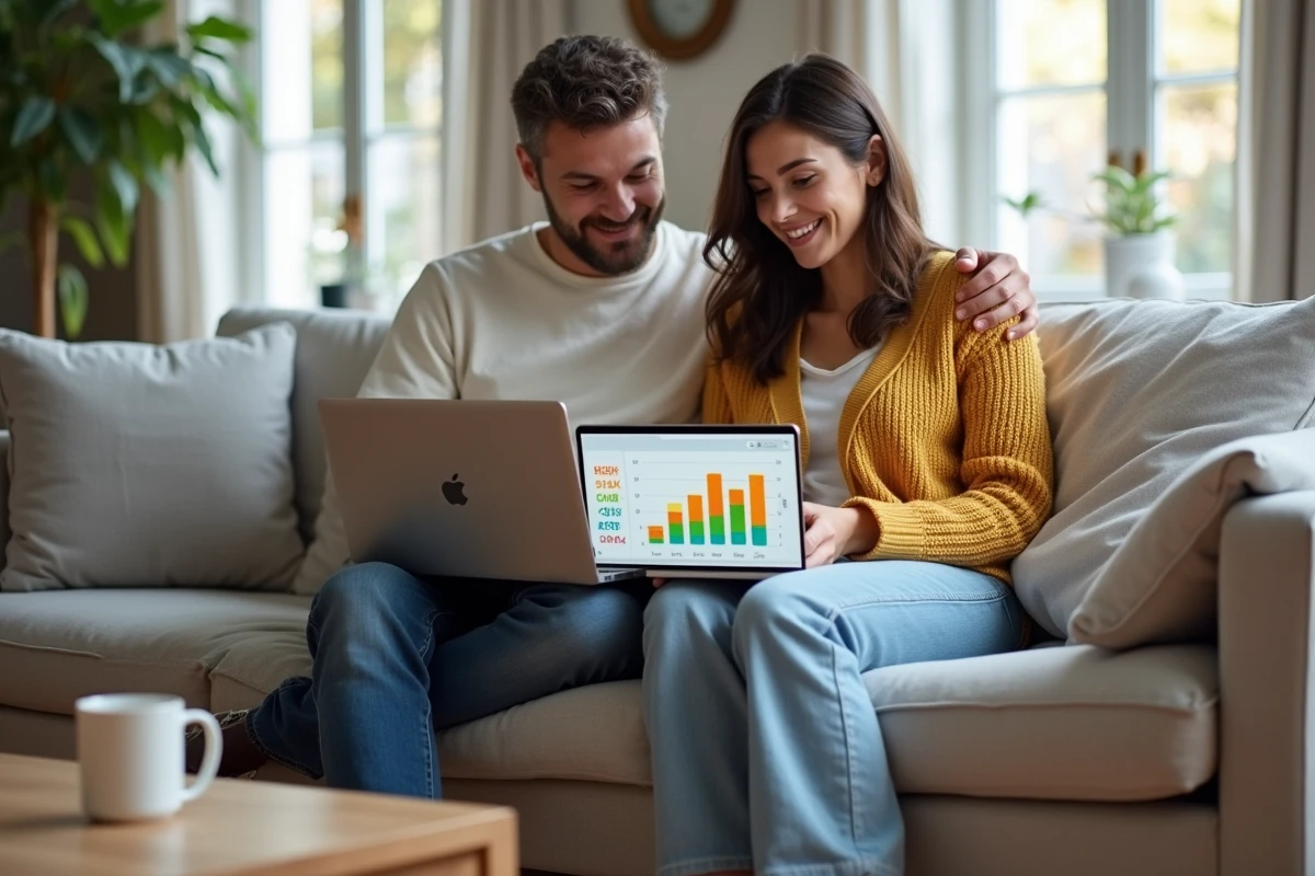 Couple consultant un calculateur de consommation électrique en kWh sur ordinateur portable dans un salon moderne