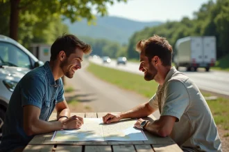 Jeune couple avec carte routière en plein air