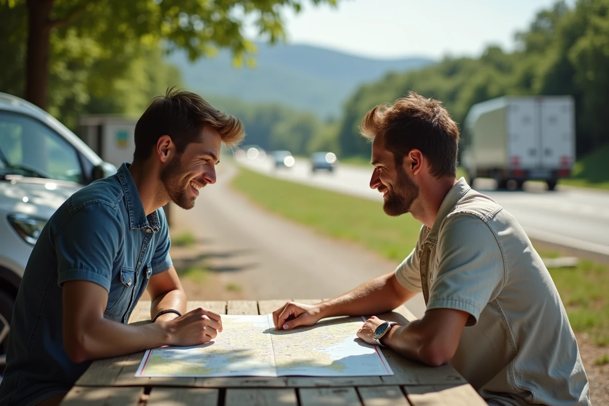 Jeune couple avec carte routi&egrave;re en plein air