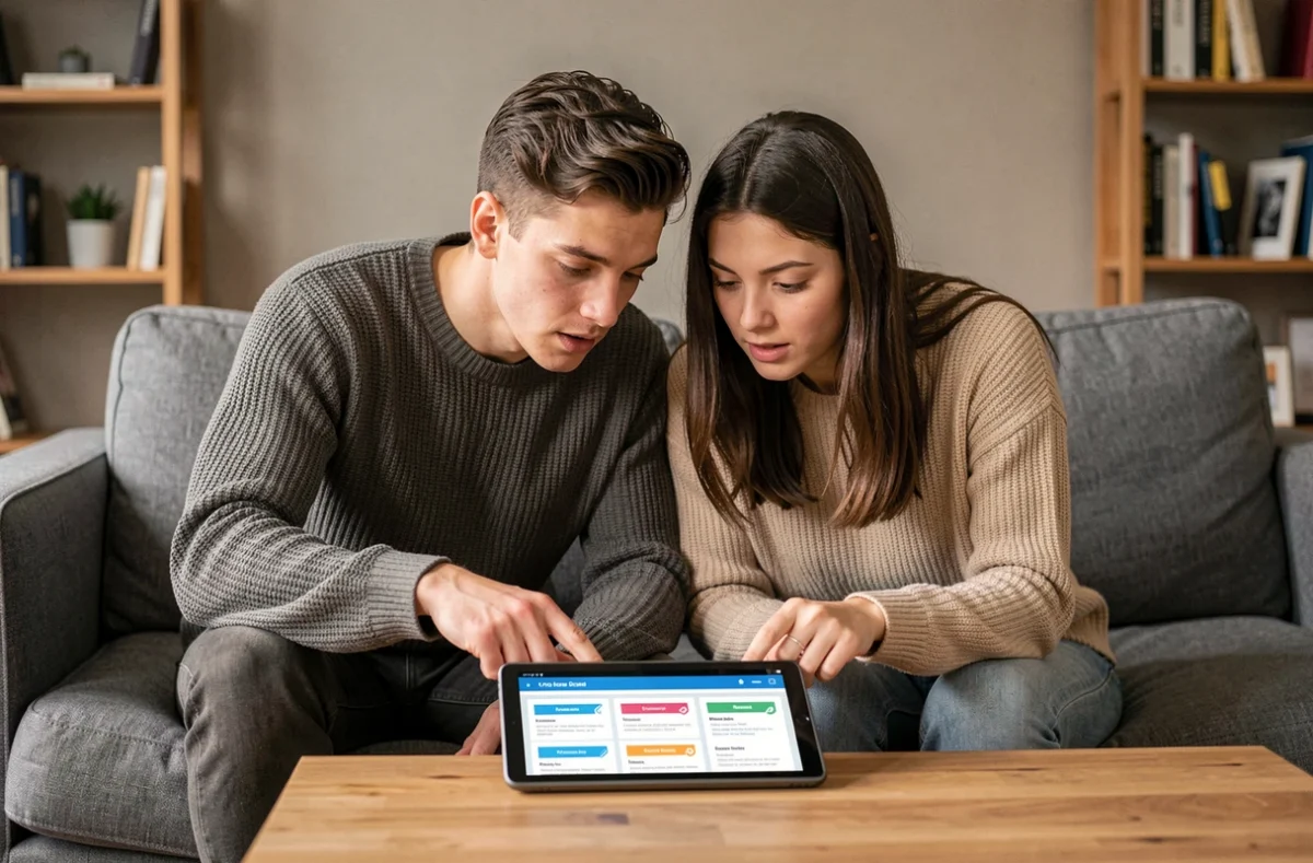 Jeune couple consultant des offres d'assurance auto sur une tablette numérique dans leur salon, en train de comparer les garanties selon leur budget