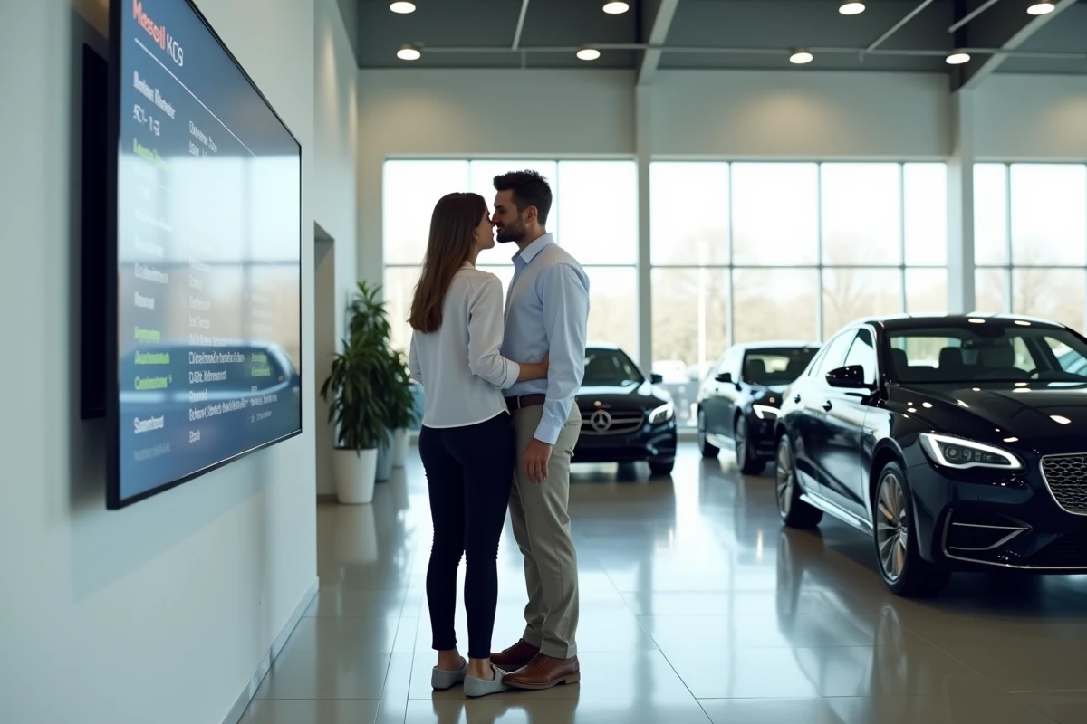 Couple examinant des fiches comparatives de véhicules sur un écran numérique dans une concession automobile moderne