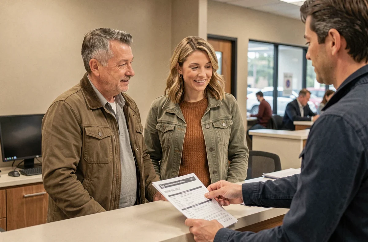 Couple en discussion avec un conseiller assurance au moment de l'achat d'un véhicule neuf