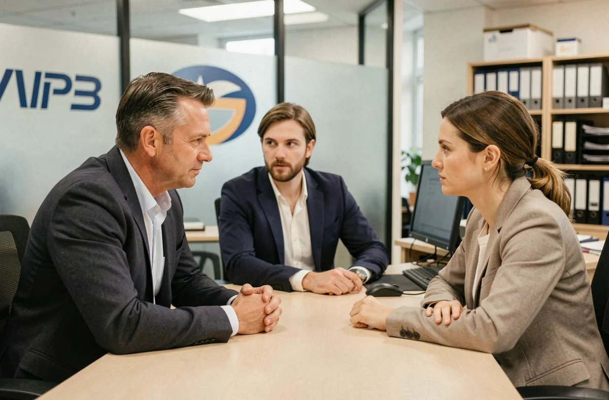 Couple en rendez-vous avec un conseiller en assurance automobile en agence