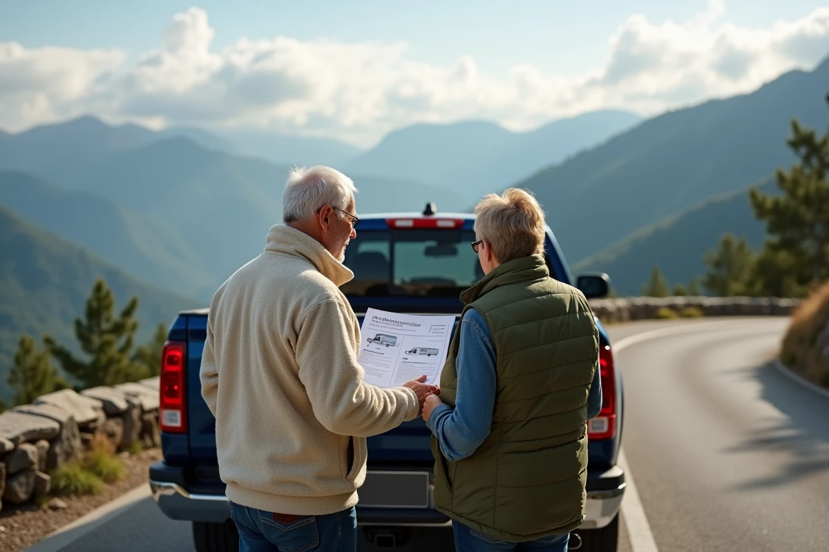 Couple consultant un guide de dimensions de caravane à l'arrière d'un pick-up 4x4 sur un belvédère de montagne, pour choisir le bon véhicule tracteur