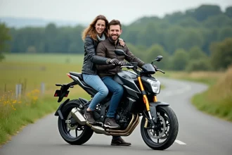 Couple en moto sur route rurale verdoyante