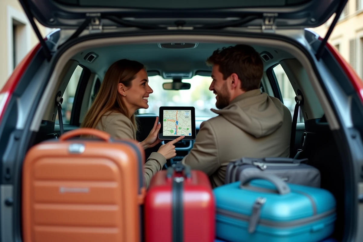 Couple préparant leur itinéraire de vacances avec Mappy sur tablette dans une voiture chargée de bagages en France