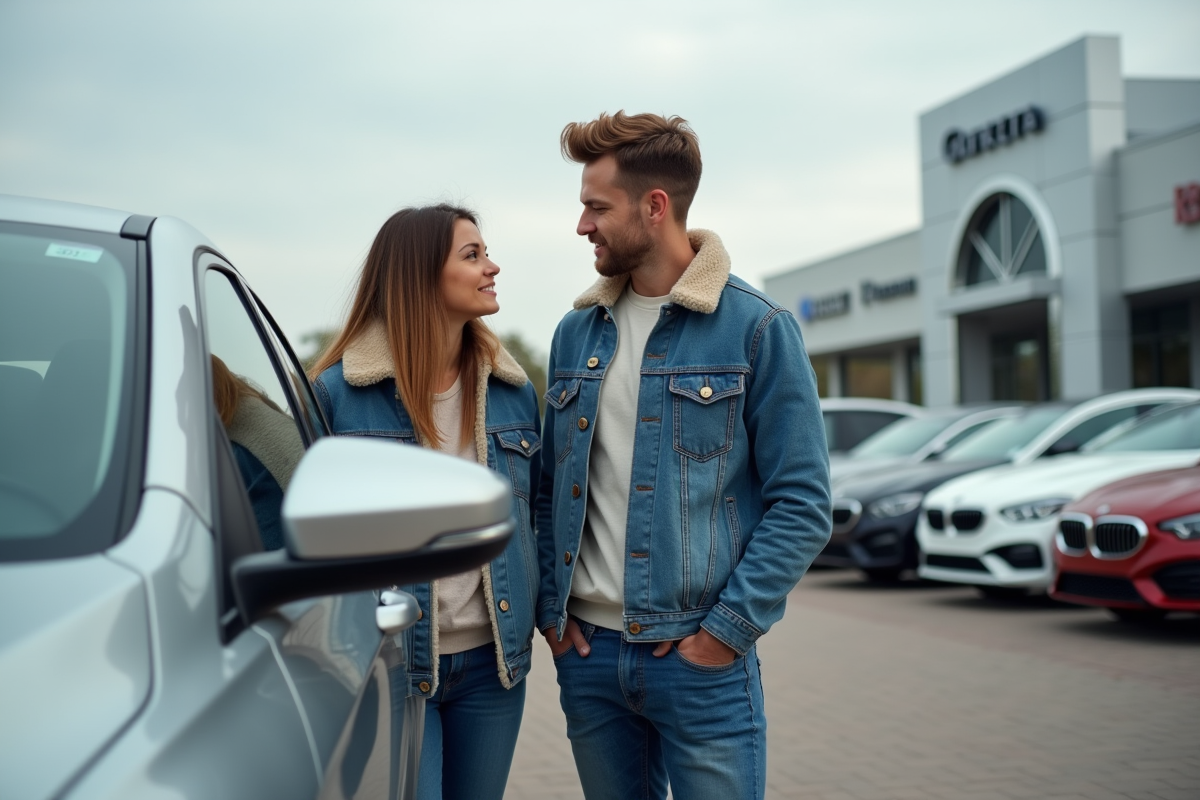 Jeune couple regardant une voiture en extérieur sur le parking du concessionnaire