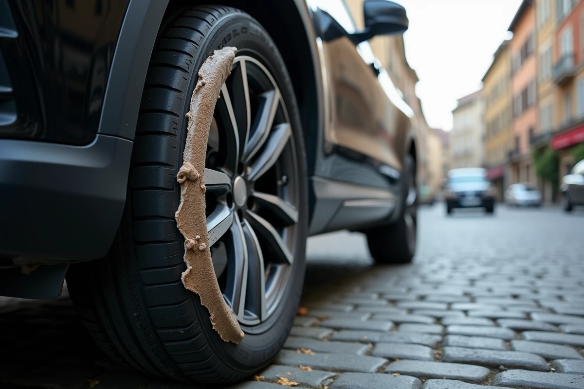 Gros plan d'une covering jante qui se décolle sur une jante en alliage abîmée d'un SUV noir en ville