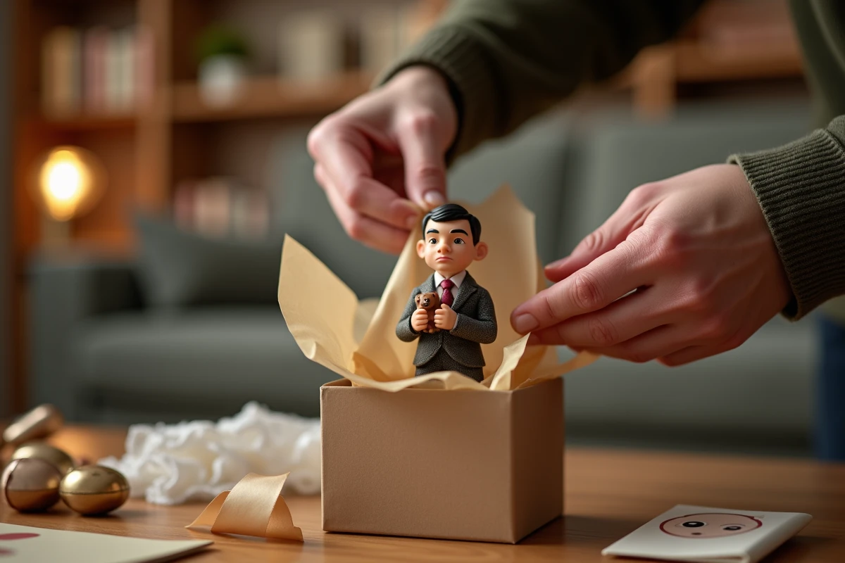 Mains déballant une figurine Mini Mister Bean dans son emballage cadeau sur une table de salon