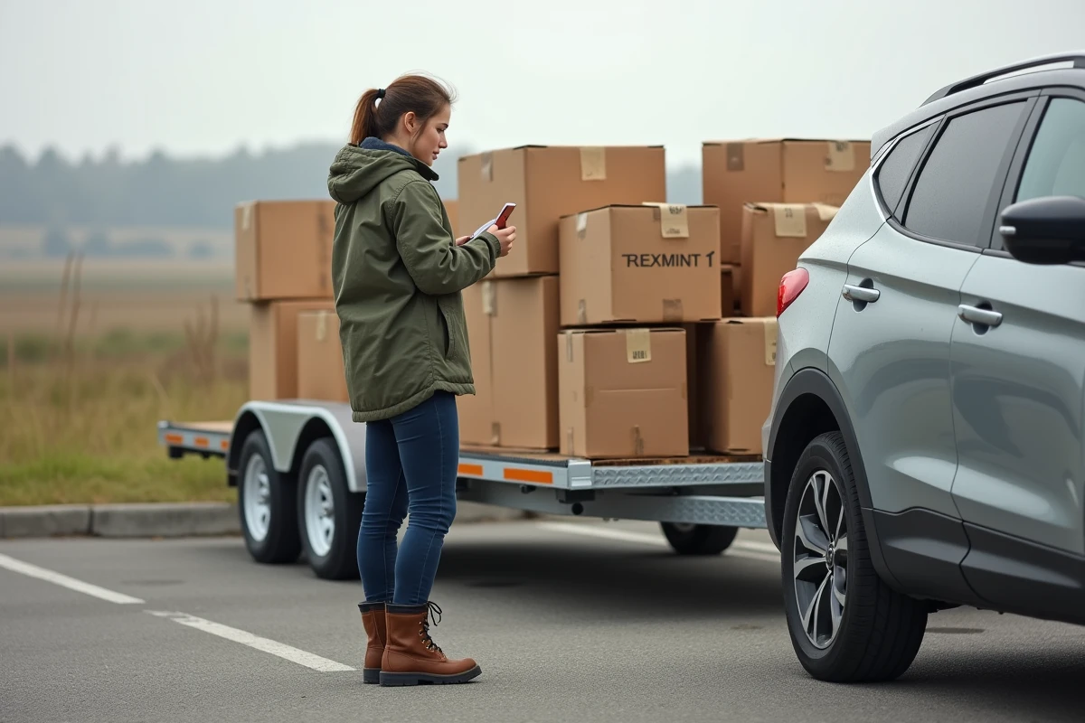 Jeune femme d&eacute;chargeant des cartons d
