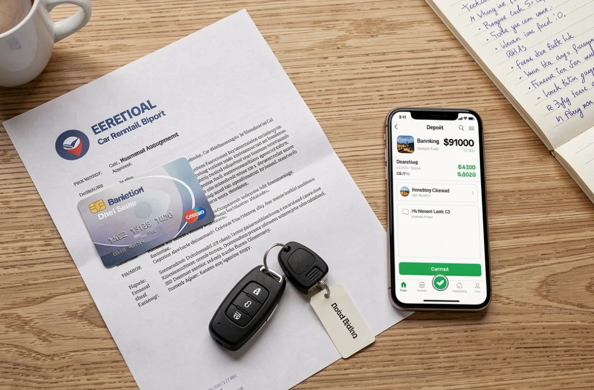 Vue de dessus d'un bureau avec contrat de location de voiture, carte bancaire, clés et dépôt de garantie affiché sur smartphone