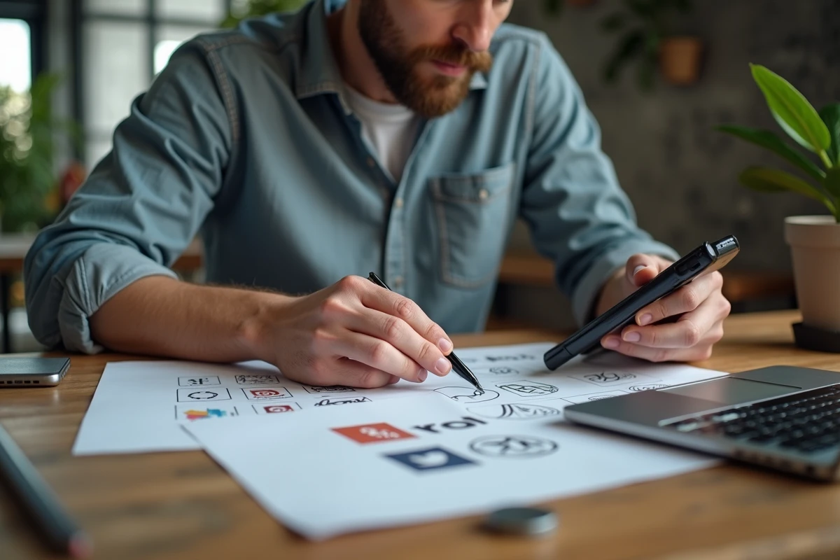 Jeune designer cr&eacute;atif manipulant des logos DAF imprim&eacute;s sur une table