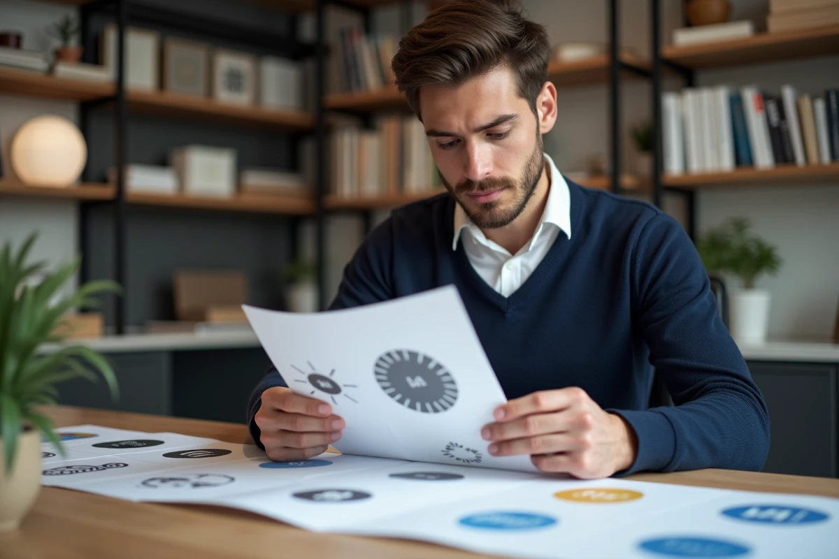 Jeune designer graphique examinant des épreuves de logos imprimés