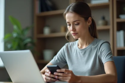 Femme tenant un détecteur de trackers électronique dans un bureau à domicile moderne, comparant les solutions de détection