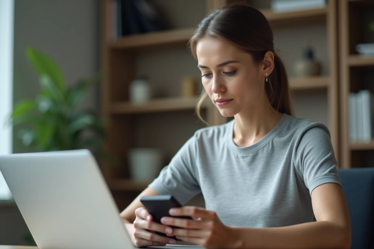 Femme tenant un détecteur de trackers électronique dans un bureau à domicile moderne, comparant les solutions de détection