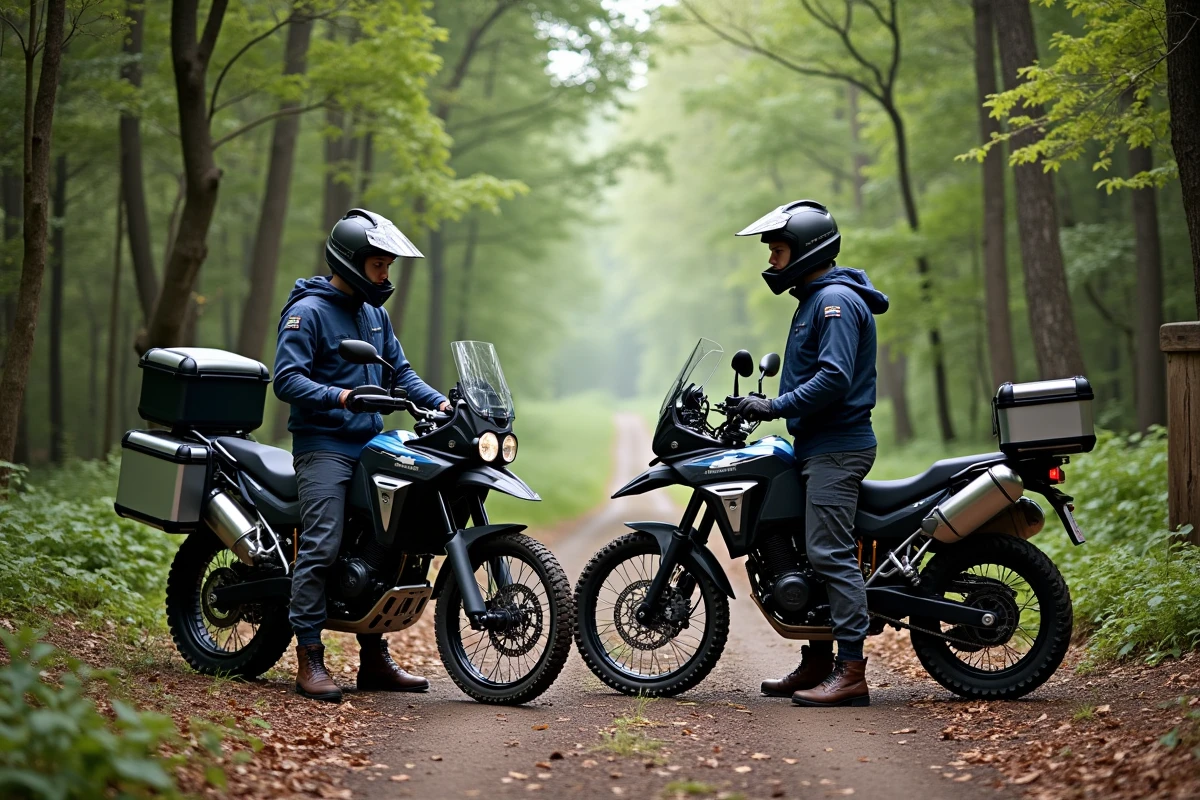 Deux motards en trail A2 avec bagages en forêt lors d'un voyage aventure