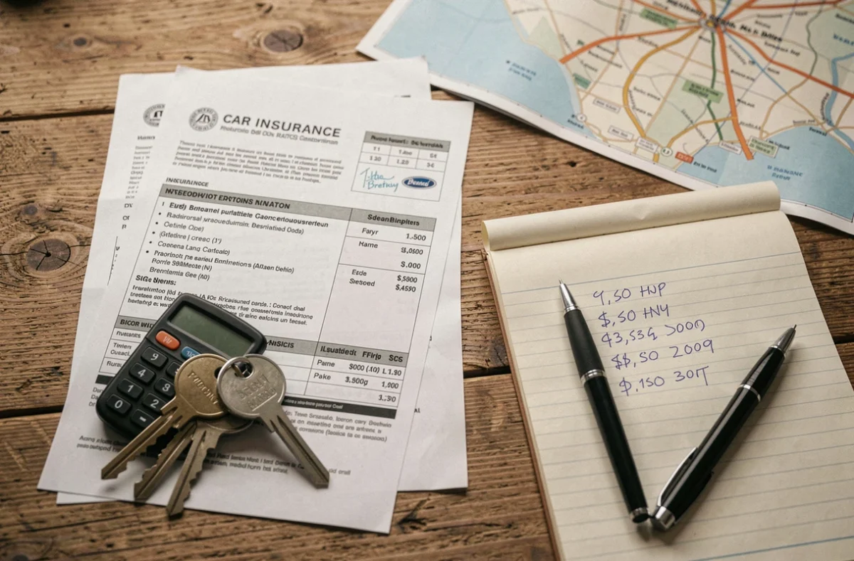 Documents d'assurance auto, clés de voiture et calculatrice sur un bureau à Lannion