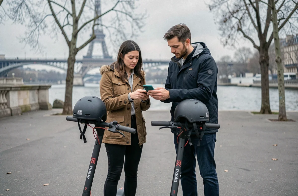 Deux amis consultant l'application Mober près des quais de la Seine avant de prendre leurs scooters partagés