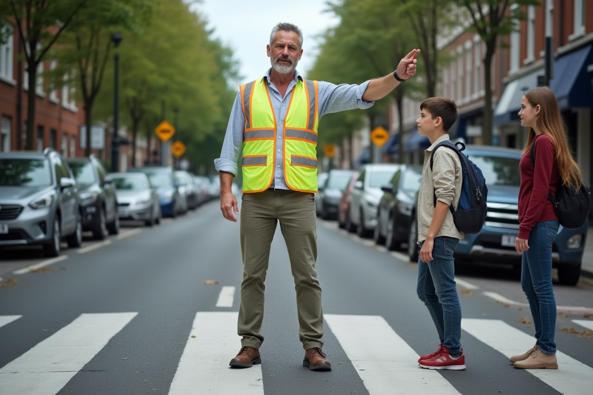 Instructeur sécurité piétons montrant crossing aux adolescents