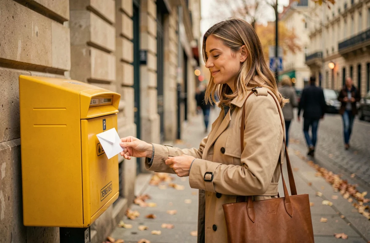 Femme envoyant une lettre de résiliation d'assurance auto par courrier conformément à la loi Hamon