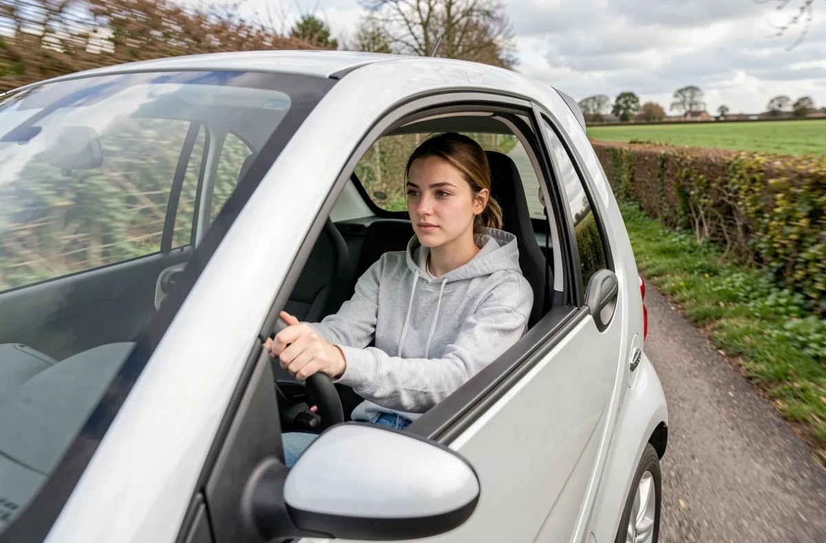 Jeune femme effectuant un essai routier d'une Bellier voiturette sans permis sur route rurale